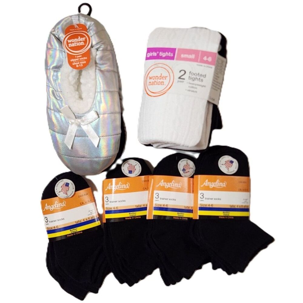 Girls Slippers, Tights & Socks Bundle – Sizes 4–6 & 13/1